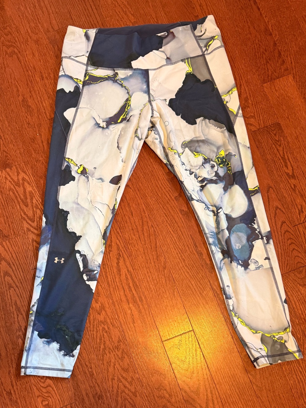 Under Armour Navy, Light Gray & Neon Yellow Marble Print Track Leggings